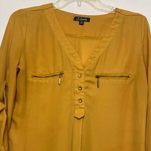 Lush Mustard V-Neck Blouse with Zipper Accents